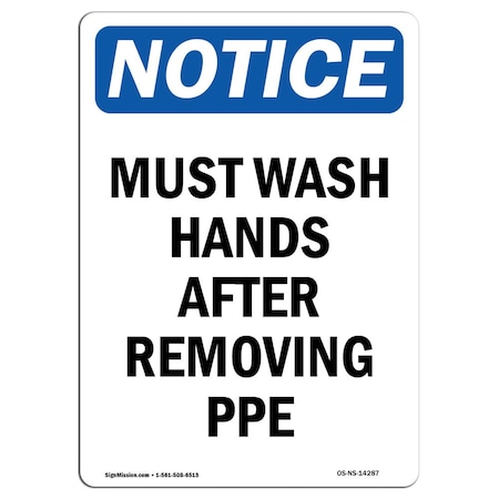 Signmission OSHA Notice Sign, Must Wash Hands After Removing Ppe, 14in X 10in Decal, 10" W, 14" L, Portrait OS-NS-D-1014-V-14287